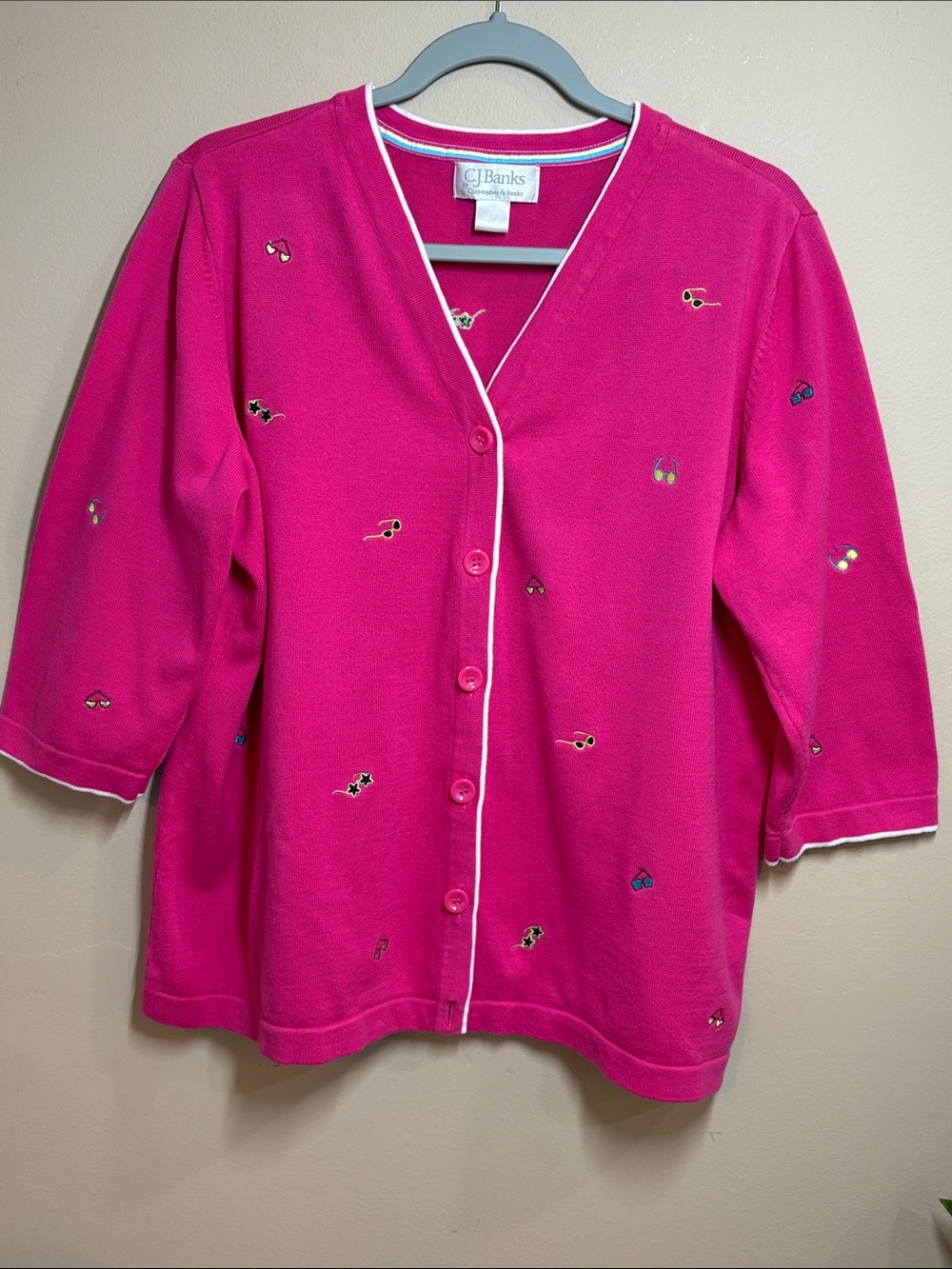Christopher & Banks (CJ Banks) Hot Pink Embroidered Cardigan Sweater, 1X